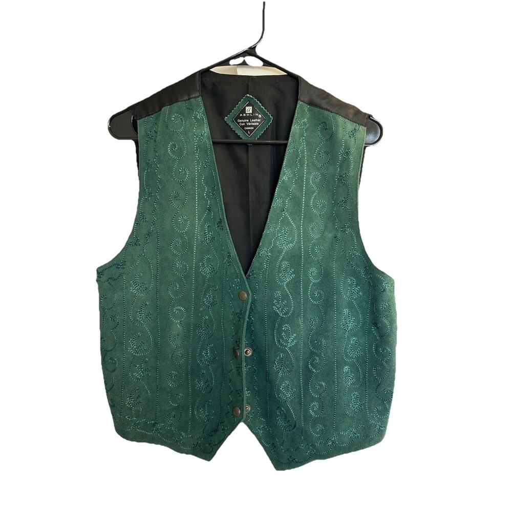 Ashlyn Floral Sleeveless Vest Womens Large Vintage Embroidered Green Leather